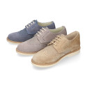 Suede leather with linen canvas kids oxford shoes for ceremony.