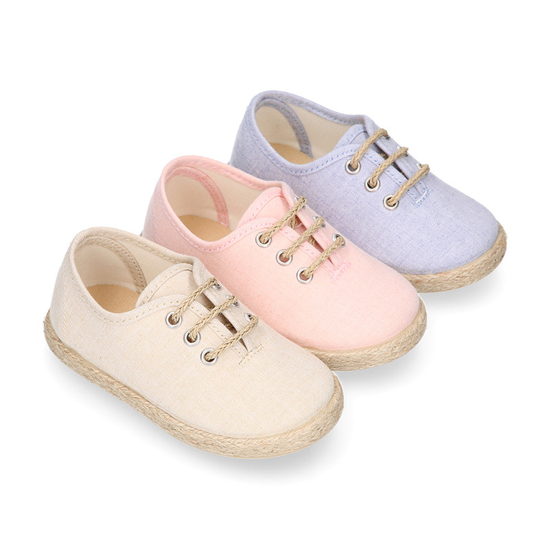 Cotton canvas to dress kids oxford shoes espadrille style with laces  closure.