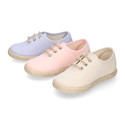 Cotton canvas to dress kids oxford shoes espadrille style with laces closure.