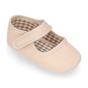 Cotton canvas little Mary jane shoes with hook and loop strap for babies.