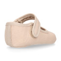 Cotton canvas little Mary jane shoes with hook and loop strap for babies.