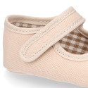 Cotton canvas little Mary jane shoes with hook and loop strap for babies.