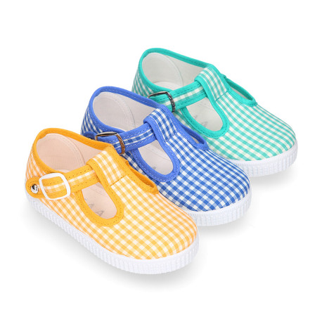 VICHY Cotton canvas kids T-Strap shoes bamba style with buckle fastening.