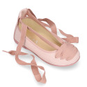 Linen Canvas girl ballet flat shoes dancer style in make up pink color.