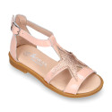 Patent Leather Girl T-Strap Sandal shoes with star design.