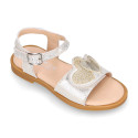 Laminated Leather Girl Sandal shoes with hearts design.