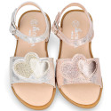 Laminated Leather Girl Sandal shoes with hearts design.