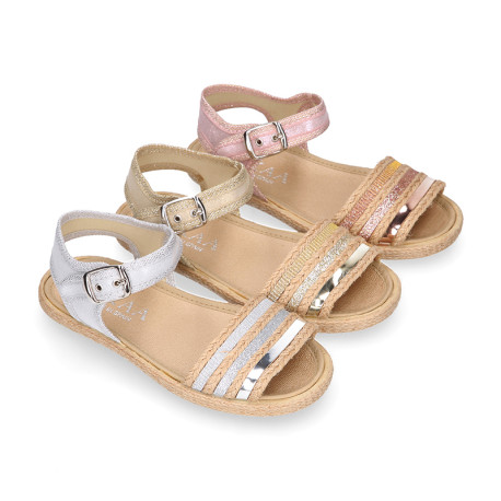 Girl Sandal shoes espadrille style in shiny canvas design.