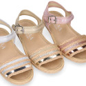 Girl Sandal shoes espadrille style in shiny canvas design.