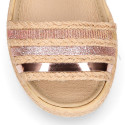 Girl Sandal shoes espadrille style in shiny canvas design.