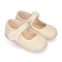 Linen Cotton canvas Girl Mary Jane shoes with hook and loop strap closure and flower.