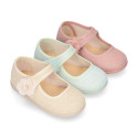 Linen Cotton canvas Girl Mary Jane shoes with hook and loop strap closure and flower.