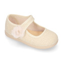 Linen Cotton canvas Girl Mary Jane shoes with hook and loop strap closure and flower.