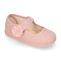 Linen Cotton canvas Girl Mary Jane shoes with hook and loop strap closure and flower.