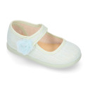 Linen Cotton canvas Girl Mary Jane shoes with hook and loop strap closure and flower.