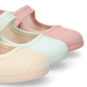 Linen Cotton canvas Girl Mary Jane shoes with hook and loop strap closure and flower.