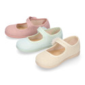 Linen Cotton canvas Girl Mary Jane shoes with hook and loop strap closure and flower.