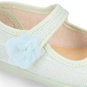 Linen Cotton canvas Girl Mary Jane shoes with hook and loop strap closure and flower.