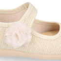 Linen Cotton canvas Girl Mary Jane shoes with hook and loop strap closure and flower.