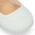 Linen Cotton canvas Girl Mary Jane shoes with hook and loop strap closure and flower.