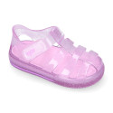 GLITTER CRYSTAL Tennis style kids jelly shoes with hook and loop strap for Beach and Pool.