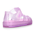 GLITTER CRYSTAL Tennis style kids jelly shoes with hook and loop strap for Beach and Pool.