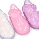 GLITTER CRYSTAL Tennis style kids jelly shoes with hook and loop strap for Beach and Pool.