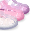 GLITTER CRYSTAL Tennis style kids jelly shoes with hook and loop strap for Beach and Pool.