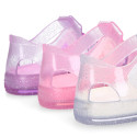 GLITTER CRYSTAL Tennis style kids jelly shoes with hook and loop strap for Beach and Pool.