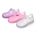 GLITTER CRYSTAL Tennis style kids jelly shoes with hook and loop strap for Beach and Pool.