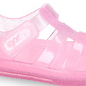 GLITTER CRYSTAL Tennis style kids jelly shoes with hook and loop strap for Beach and Pool.