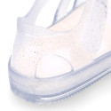 GLITTER CRYSTAL Tennis style kids jelly shoes with hook and loop strap for Beach and Pool.