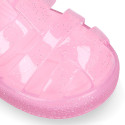 GLITTER CRYSTAL Tennis style kids jelly shoes with hook and loop strap for Beach and Pool.