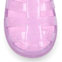 GLITTER CRYSTAL Tennis style kids jelly shoes with hook and loop strap for Beach and Pool.