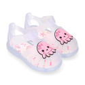 Classic style Kids jelly shoes with hook and loop strap closure and OCTOPUS design.