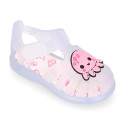 Classic style Kids jelly shoes with hook and loop strap closure and OCTOPUS design.