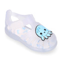 Classic style Kids jelly shoes with hook and loop strap closure and OCTOPUS design.