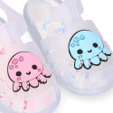 Classic style Kids jelly shoes with hook and loop strap closure and OCTOPUS design.