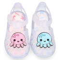 Classic style Kids jelly shoes with hook and loop strap closure and OCTOPUS design.