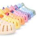 Classic Kids jelly shoes for Beach and Pool use in gloss colors with hook and loop strap closure.