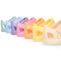 Classic Kids jelly shoes for Beach and Pool use in gloss colors with hook and loop strap closure.