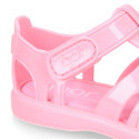 Classic Kids jelly shoes for Beach and Pool use in gloss colors with hook and loop strap closure.