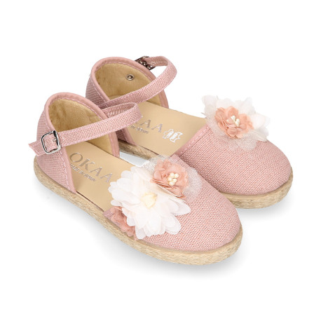 Makeup pink linen canvas girl espadrille shoes with flowers and pearls design.