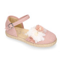 Makeup pink linen canvas girl espadrille shoes with flowers and pearls design.