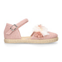 Makeup pink linen canvas girl espadrille shoes with flowers and pearls design.