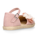 Makeup pink linen canvas girl espadrille shoes with flowers and pearls design.