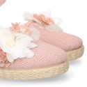 Makeup pink linen canvas girl espadrille shoes with flowers and pearls design.