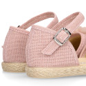 Makeup pink linen canvas girl espadrille shoes with flowers and pearls design.