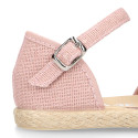 Makeup pink linen canvas girl espadrille shoes with flowers and pearls design.