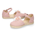 Makeup pink linen canvas girl espadrille shoes with flowers and pearls design.